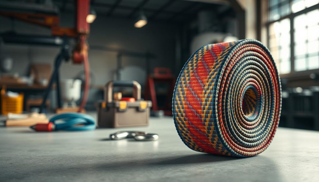 A high-definition photorealistic image of a material webbing sling, displayed prominently in the foreground on a neutral surface, showcasing its intricate weave and texture. The sling should be vibrant and colorful, highlighting different material types, such as nylon and polyester, with visible stitching details and load ratings. In the middle ground, include a simple toolkit or lifting equipment to suggest practical usage. The background should be softly blurred, hinting at an industrial setting with subtle hints of a workshop or rigging environment, illuminated by natural light filtering through a nearby window. The mood is professional and informative, ideal for showcasing material durability and versatility in usage. Avoid any text, logos, or watermarks in the image.