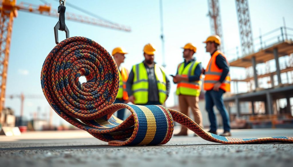 A high-definition, photorealistic image of a safety webbing sling displayed prominently in the foreground, showcasing its vibrant colors and sturdy design. The sling should be neatly coiled and placed on a well-lit construction site, with a focus on the textural details of the woven fabric. In the middle ground, workers dressed in professional safety attire, including industrial helmets and reflective vests, are cautiously examining the sling while discussing safety protocols for its use in lifting heavy loads. The background features construction equipment and scaffolding under a bright blue sky, creating an atmosphere of diligence and safety awareness. The lighting is natural and bright, emphasizing the importance of safety in the workplace. The angle captures both the sling and the interaction of the workers effectively, highlighting the significance of safety practices. A high-definition, photorealistic image of a safety webbing sling displayed prominently in the foreground, showcasing its vibrant colors and sturdy design. The sling should be neatly coiled and placed on a well-lit construction site, with a focus on the textural details of the woven fabric. In the middle ground, workers dressed in professional safety attire, including industrial helmets and reflective vests, are cautiously examining the sling while discussing safety protocols for its use in lifting heavy loads. The background features construction equipment and scaffolding under a bright blue sky, creating an atmosphere of diligence and safety awareness. The lighting is natural and bright, emphasizing the importance of safety in the workplace. The angle captures both the sling and the interaction of the workers effectively, highlighting the significance of safety practices.