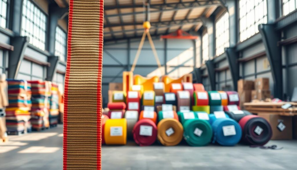 A high-definition, photorealistic image of a webbing sling designed for heavy lifting, prominently displayed in the foreground. The sling should be vividly colored, showcasing its durable material and intricate weaving patterns. In the middle ground, include a well-organized array of webbing slings of various capacities, labeled with their tonnage ratings, reflecting a range of colors and sizes. The background features an industrial setting, such as a storage facility or a construction site, subtly illuminated by natural sunlight coming through large windows, casting soft shadows that enhance the texture of the slings. The atmosphere is professional and informative, emphasizing the quality and importance of webbing slings in lifting applications.