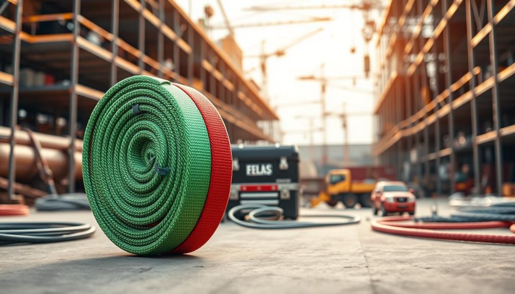 A high-definition, photorealistic image of a webbing sling designed for industrial use, prominently displayed in the foreground, showcasing its vibrant colors and texture. The sling is arranged in a way that illustrates its strength and flexibility, coiled around long, heavy-duty objects like pipes and cables. In the middle ground, include a partially blurred toolbox and various lifting equipment, emphasizing the functional environment. The background should feature a construction site with scaffolding and cranes, softly illuminated by warm, natural light, creating a professional and industrious atmosphere. This composition highlights the webbing sling's usage and functionality in protecting ropes, wires, and long items in an industrial setting.