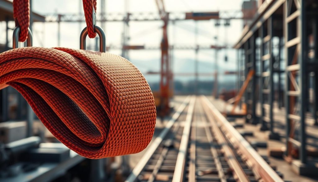 A high-definition, photorealistic image of a webbing sling displayed prominently in the foreground, showcasing its intricate woven texture and vibrant colors. The sling should be positioned securely on a construction site backdrop, with equipment such as cranes or steel beams subtly visible in the middle ground, emphasizing its durability and safety features. Soft, natural daylight filters in from the side, creating realistic shadows and highlights that enhance the sling's material details. The atmosphere should convey a sense of reliability and professionalism, highlighting the webbing sling as an essential tool in modern operations. No text, watermarks, or other distractions should be present, focusing solely on the product's attributes.