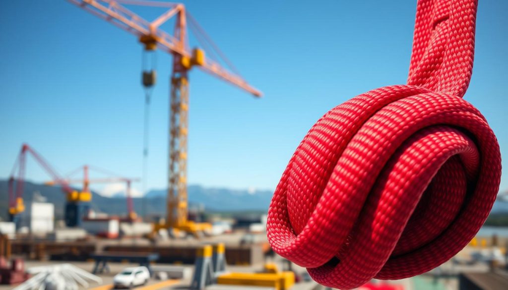 A high-definition, photorealistic image of a webbing sling displayed prominently in the foreground, showcasing its vibrant colors and tough synthetic fibers. The sling is intricately folded, highlighting its stitching and durability. In the middle ground, have a blurred industrial setting with cranes and construction materials, suggesting the application of the sling in heavy lifting. The background features a clear blue sky and distant mountains, subtly indicating a competitive market environment. The lighting is bright and natural, casting soft shadows that enhance the details of the webbing sling. Capture the mood of professionalism and reliability, making the image suitable for illustrating the value and pricing factors of webbing slings in a competitive market.