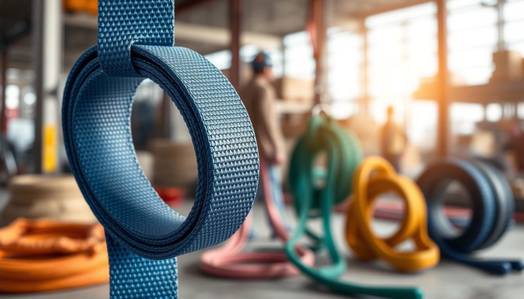 A high-definition, photorealistic image of a webbing sling displayed prominently in the foreground, showcasing its durable fabric and intricate stitching patterns. The middle ground features a selection of different webbing slings in various colors and sizes, highlighting their versatility and material quality. In the background, a soft-focus industrial setting, such as a construction site or warehouse, enhances the context of the slings being used for lifting and rigging purposes. Soft, natural lighting illuminates the scene, casting gentle shadows that accentuate the textures of the slings. The overall mood is professional and informative, conveying a sense of reliability and strength in lifting solutions. No text or watermarks included.
