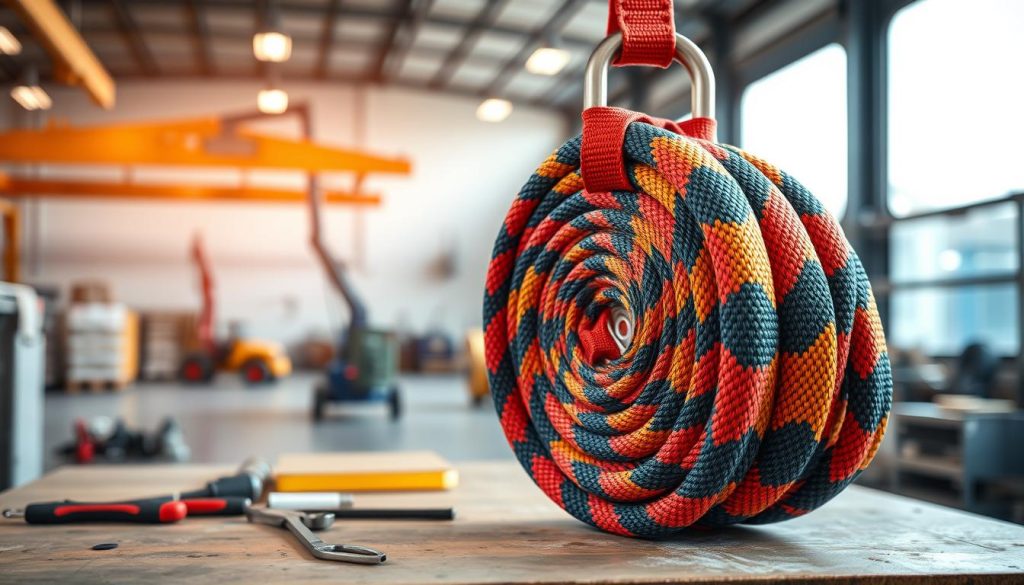 A high-definition, photorealistic image of a webbing sling displayed prominently in the foreground, showcasing its intricate weave and vibrant colors. The sling should be placed on a clean, industrial workbench, with visible tools scattered around, indicating a professional setting. In the middle ground, blurred outlines of industrial lifting equipment can be faintly seen, emphasizing the context of use. The background features a well-lit warehouse environment with soft, natural lighting filtering through large windows, casting gentle shadows that create a sense of depth. The mood is focused and professional, illustrating the quality and importance of selecting the right webbing sling for specific lifting loads.
