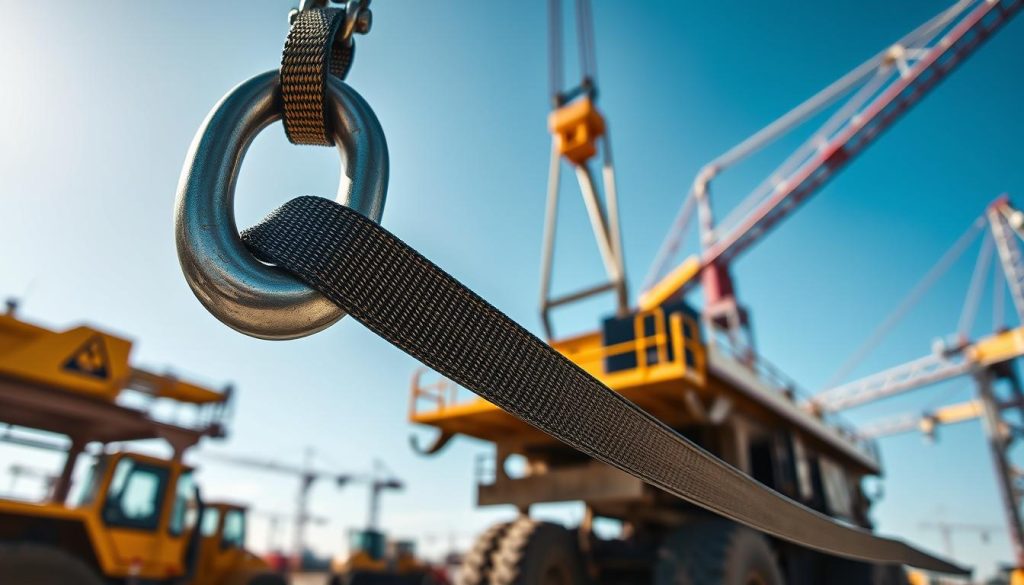 A high-definition, photorealistic image of a webbing sling lifting a heavy load, showcasing its flexibility and strength. In the foreground, the webbing sling is taut and securely attached to a large, industrial metal hook, visible in crisp detail. The middle ground features a construction site environment with heavy machinery in motion, emphasizing the sling in action. The background highlights a clear blue sky and distant cranes, creating a sense of a bustling work atmosphere. The lighting is bright and natural, casting dynamic shadows, while the angle is slightly low, giving a sense of power and perspective. The overall mood is professional, showcasing the advantages of webbing slings in heavy lifting compared to traditional wire rope and chain slings, emphasizing safety and efficiency.