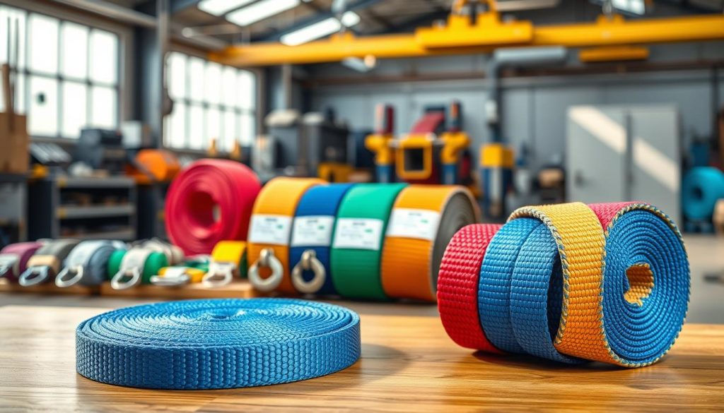 A high-definition photorealistic image of a webbing sling made from durable, high-quality nylon material, showcasing its vibrant colors and intricate weave patterns. In the foreground, the sling is neatly coiled and displayed on a wooden surface, highlighting its texture and strength. In the middle ground, there are various types of webbing slings arranged to demonstrate different specifications, with labels indicating their load capacities. The background features a softly blurred industrial workshop setting with tools and equipment, emphasizing a professional atmosphere. The scene is well-lit with natural sunlight streaming in, casting soft shadows that enhance the texture of the material. The overall mood conveys reliability and quality in heavy-duty lifting equipment, suitable for an article on webbing sling specifications.