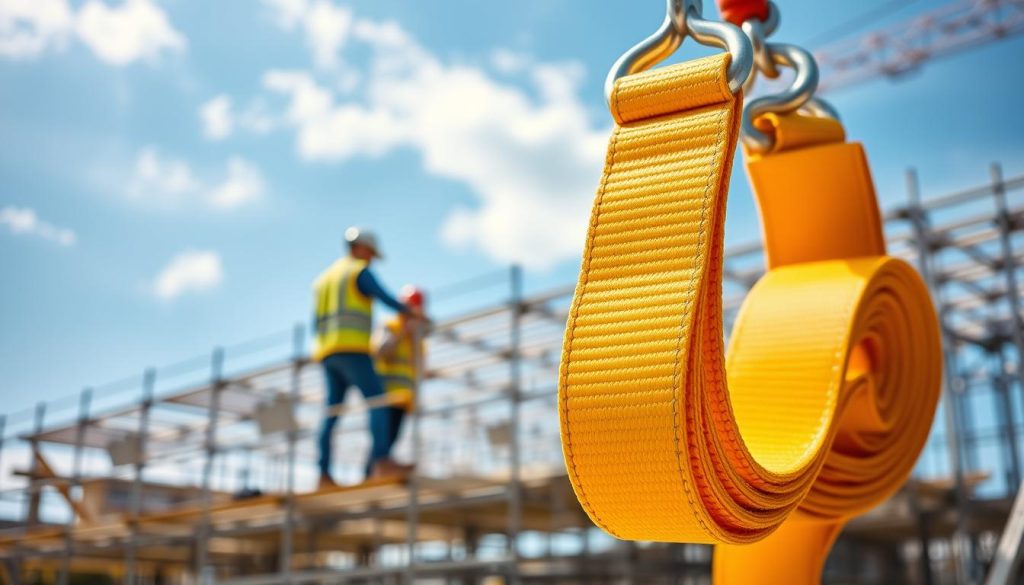 A high-definition, photorealistic image of a webbing sling prominently displayed in a construction setting. In the foreground, focus on a vibrant, durable webbing sling with a clear texture, showcasing its reinforced stitching and metal hooks at both ends. In the middle ground, depict a slightly blurred construction site, featuring scaffolding and workers in professional attire, such as hard hats and safety vests, while using the sling for lifting materials. In the background, illustrate a bright blue sky with soft clouds, suggesting a sunny day. The lighting should be natural and bright, enhancing the colors of the webbing sling and creating a clear, informative atmosphere. The angle should be slightly tilted, emphasizing the utility and importance of the webbing sling in the construction process. A high-definition, photorealistic image of a webbing sling prominently displayed in a construction setting. In the foreground, focus on a vibrant, durable webbing sling with a clear texture, showcasing its reinforced stitching and metal hooks at both ends. In the middle ground, depict a slightly blurred construction site, featuring scaffolding and workers in professional attire, such as hard hats and safety vests, while using the sling for lifting materials. In the background, illustrate a bright blue sky with soft clouds, suggesting a sunny day. The lighting should be natural and bright, enhancing the colors of the webbing sling and creating a clear, informative atmosphere. The angle should be slightly tilted, emphasizing the utility and importance of the webbing sling in the construction process.