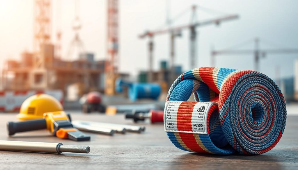 A high-definition photorealistic image of a webbing sling prominently displayed in the foreground, showcasing its strong, colorful nylon fibers, neatly folded and labeled with specifications. The sling should be highlighted with soft, even lighting that accentuates its texture and durability. In the middle ground, include a few industrial tools and equipment subtly placed around the sling, hinting at its use in heavy lifting applications. The background should feature a blurred construction site, adding context while keeping the focus on the webbing sling. The mood is professional and informative, suitable for a technical article, with a clear, uncluttered composition that ensures the product details stand out effectively.