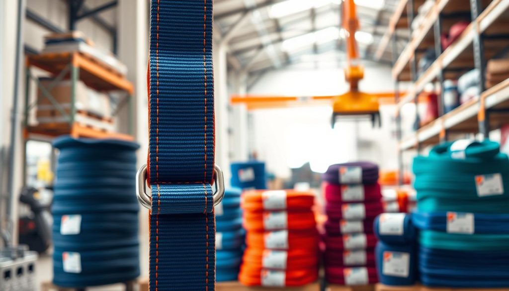 A high-definition, photorealistic image of a webbing sling prominently displayed in the foreground. The sling, made from durable fabric, is vibrant in color, showcasing its strong stitching and secure metal clips. In the middle ground, stacks of webbing slings in various sizes and colors, each labeled with price tags, convey the variety available in Padang. The background features a well-lit warehouse setting with industrial shelving and other lifting equipment to create context. Soft, natural lighting illuminates the scene, highlighting the texture and quality of the materials. The mood is professional and focused, suggesting a reliable and trustworthy source for purchasing webbing slings.