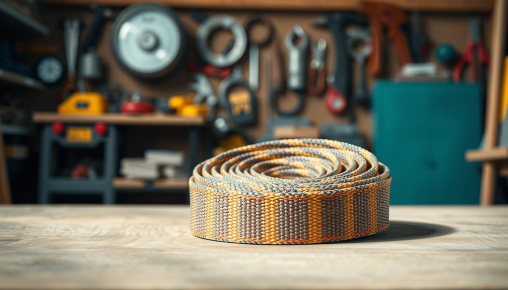 A high-definition, photorealistic image of a webbing sling prominently displayed in the foreground, showcasing its durable weave and vibrant color. In the middle, a coiled webbing sling rests on a wooden surface, highlighting its texture and strength. In the background, a workshop setting with tools and equipment softly blurred to emphasize the sling and convey an industrious atmosphere. The lighting is natural, casting soft shadows and illumination that enhances the colors of the sling. The overall mood is professional and focused, reflecting quality and reliability, ideal for an article section on selecting the right webbing sling for projects. A high-definition, photorealistic image of a webbing sling prominently displayed in the foreground, showcasing its durable weave and vibrant color. In the middle, a coiled webbing sling rests on a wooden surface, highlighting its texture and strength. In the background, a workshop setting with tools and equipment softly blurred to emphasize the sling and convey an industrious atmosphere. The lighting is natural, casting soft shadows and illumination that enhances the colors of the sling. The overall mood is professional and focused, reflecting quality and reliability, ideal for an article section on selecting the right webbing sling for projects.