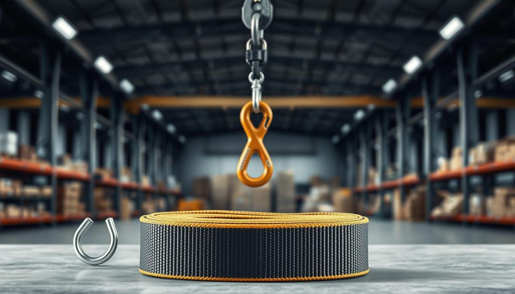 A high-definition photorealistic image of a webbing sling, prominently displayed in the foreground. The webbing sling should showcase two distinct models: an Eye-to-Eye sling with clear, reinforced loops at both ends and a Round Sling characterized by its continuous loop design. Capture the texture and color details of the fabric, highlighting its strength and durability. In the middle ground, include a lifting hook to indicate usage context, while in the background, depict a warehouse setting with soft, diffused lighting to create a professional and industrial atmosphere. The angle should be slightly elevated, providing a clear view of both sling types, emphasizing their functionality and design. The overall mood should be informative and focused.