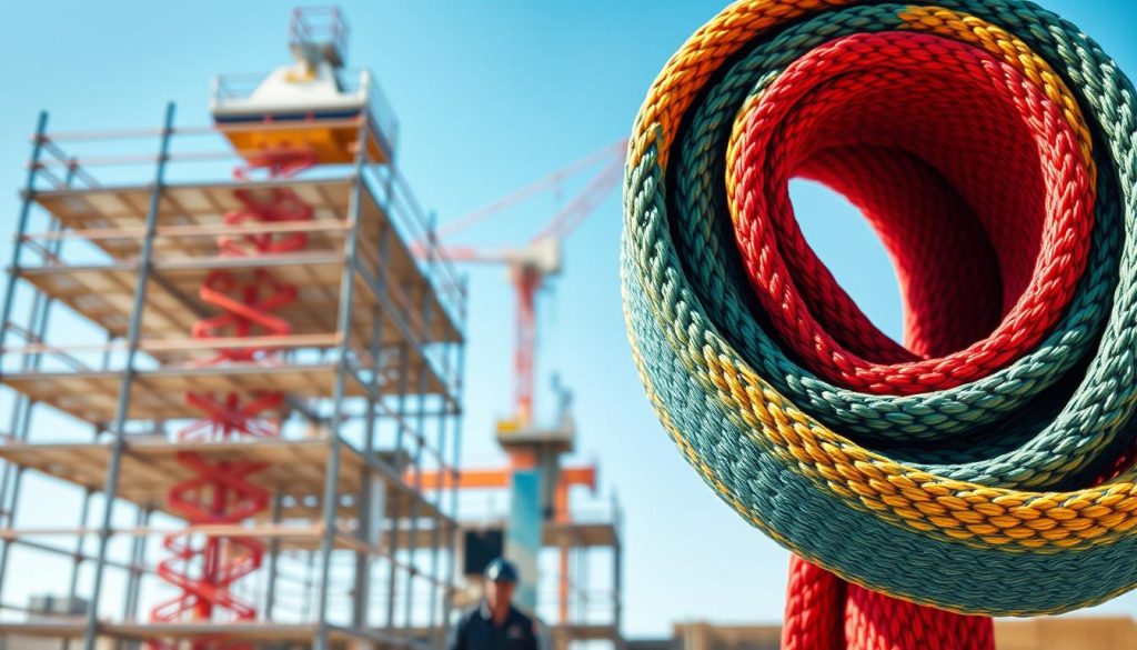 A high-definition, photorealistic image of a webbing sling prominently displayed in the foreground, showcasing its strong, durable fabric texture and vibrant colors. The sling is arranged in a coil to emphasize its flexibility and strength. In the middle ground, a construction site is visible, with scaffolding and equipment, indicating a professional work environment. The background features a clear blue sky, suggesting a sunny day that highlights the colors of the sling. The image’s lighting is bright and natural, casting soft shadows that enhance the details of the webbing sling. The overall mood is one of safety and reliability, reflecting the quality of the product for workplace safety measures.