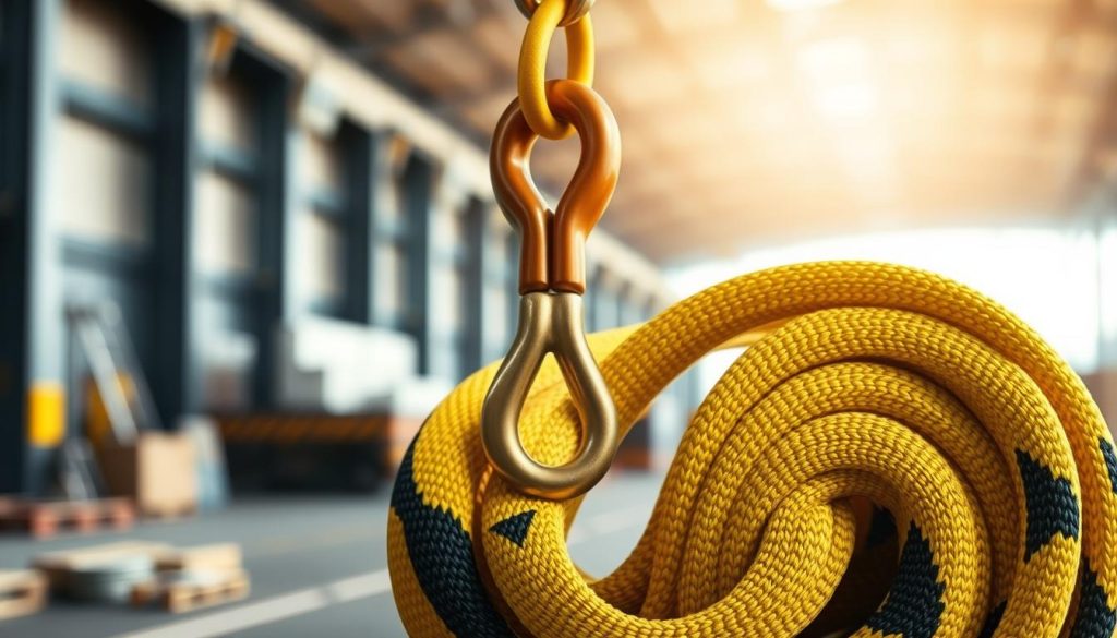 A high-definition, photorealistic image of a webbing sling, prominently displayed in the foreground with intricate details showing the texture and weave of the fabric. The sling is slightly coiled with its distinctively bright colors of yellow and black, demonstrating its strength and durability. In the middle ground, include a professional-grade lifting hook attached to the sling, emphasizing its use in heavy-duty applications. The background features a subtle, blurred industrial setting, such as a warehouse or loading dock, with soft natural lighting filtering through. The atmosphere is one of professionalism and safety, ideal for conveying the importance of reliable lifting equipment. The composition should be clean, without any text, logos, or distractions, focusing solely on the webbing sling's features and structure.