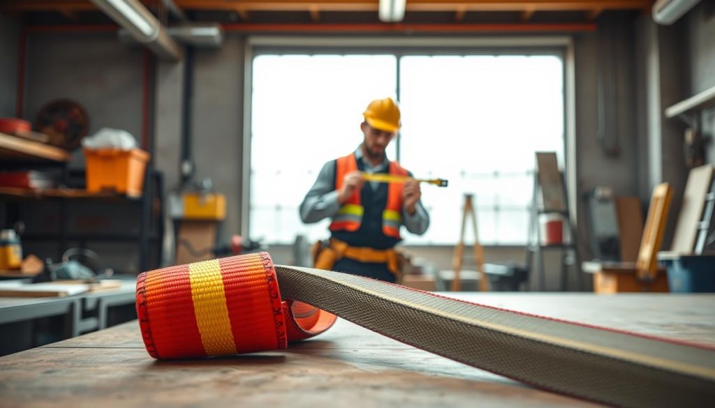 A high-definition, photorealistic image of a webbing sling, prominently displaying its lifting capacity features. In the foreground, a close-up of a vibrant, colored webbing sling rests on a workbench, showcasing its sturdy fabric and strength indicators like weight capacity markings. In the middle ground, a construction worker in professional attire inspects the sling, holding a measuring tape, emphasizing safety and precision. The background features a well-equipped workshop with tools and safety equipment, illuminated by bright, natural light coming through large windows. The mood is focused and industrious, reflecting professionalism and reliability in lifting techniques.