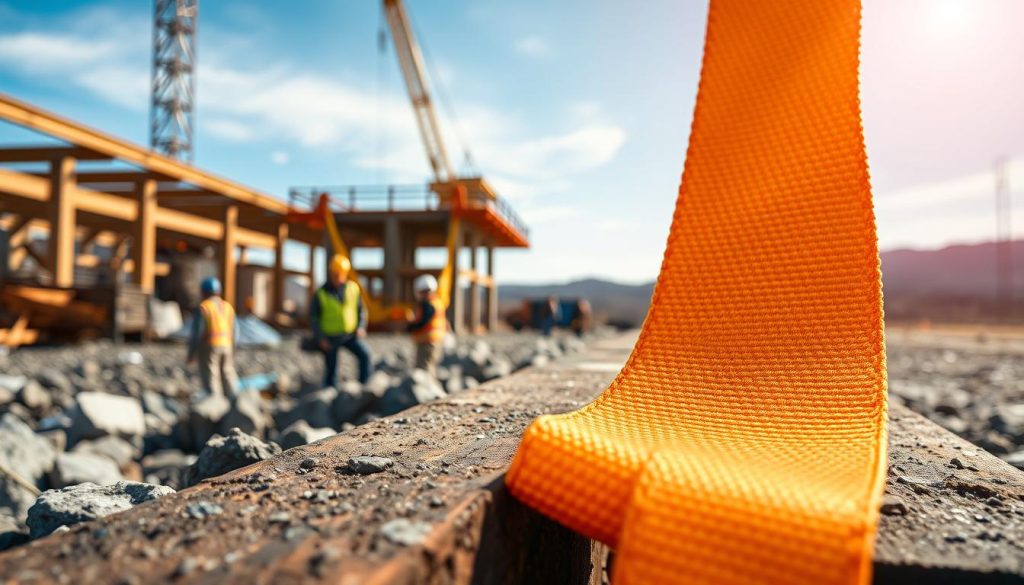 A high-definition photorealistic image of a webbing sling prominently featured in the foreground, showcasing its durable, woven texture and vibrant colors like bright yellow and orange. The sling should be draped over a rugged outdoor surface, such as a rocky terrain or wooden beams, reflecting its utility in outdoor settings. In the middle ground, depict a construction site with safety gear, including hard hats and reflective vests, subtly hinting at its use in lifting and securing loads. The background should feature a clear blue sky with soft, diffused sunlight illuminating the scene, creating a safe and professional atmosphere. Capture the scene at a slight angle to emphasize depth, ensuring the webbing sling is the focal point while conveying a sense of responsible use and safety in a field environment.