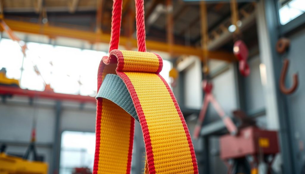 A high-definition, photorealistic image of a webbing sling prominently featured in the foreground, showcasing its vibrant colors and flexible fabric material. The sling is depicted in a lifting scenario, perhaps shown securing a heavy load to emphasize its functionality in lifting and pulling. In the middle background, softly blurred industrial equipment such as cranes and hooks can be seen, creating a context of a construction or warehouse setting. Natural daylight streams in from the side, casting gentle shadows that highlight the texture of the webbing. The overall mood is professional and industrious, conveying safety and reliability in lifting operations. Avoid any text or branding within the image.
