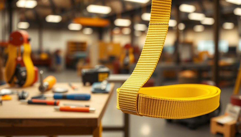 A high-definition, photorealistic image of a webbing sling, specifically the Secutex S2 model, displayed prominently in the foreground. The sling is woven from durable, bright-colored synthetic material, showcasing detailed stitching and reinforced ends, emphasizing its technical specifications. In the middle ground, include a soft-focus workbench with tools and equipment to signify the industrial context. The background features a blurred warehouse setting with warm, ambient lighting filtering through, creating a professional and focused atmosphere. The camera angle is slightly above eye level, capturing the webbing sling's functionality and design elegance. The overall mood is informative and technical, perfect for illustrating specifications.