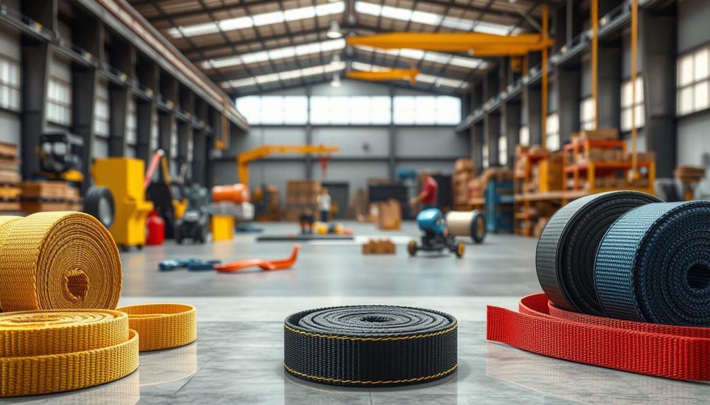 A high-definition, photorealistic image of various types of webbing slings displayed prominently in the foreground. The slings should showcase different colors and textures, arranged neatly on a clean, industrial workspace. In the middle ground, a well-organized set of tools and lifting equipment can be seen, hinting at their practical applications. The background features a softly blurred warehouse environment, filled with light streaming through high windows, creating an atmosphere of professionalism and reliability. The lighting should be bright and even, emphasizing the quality and durability of the webbing slings. The angle of the shot should be slightly elevated, providing a comprehensive view of the products while maintaining focus on the slings themselves.