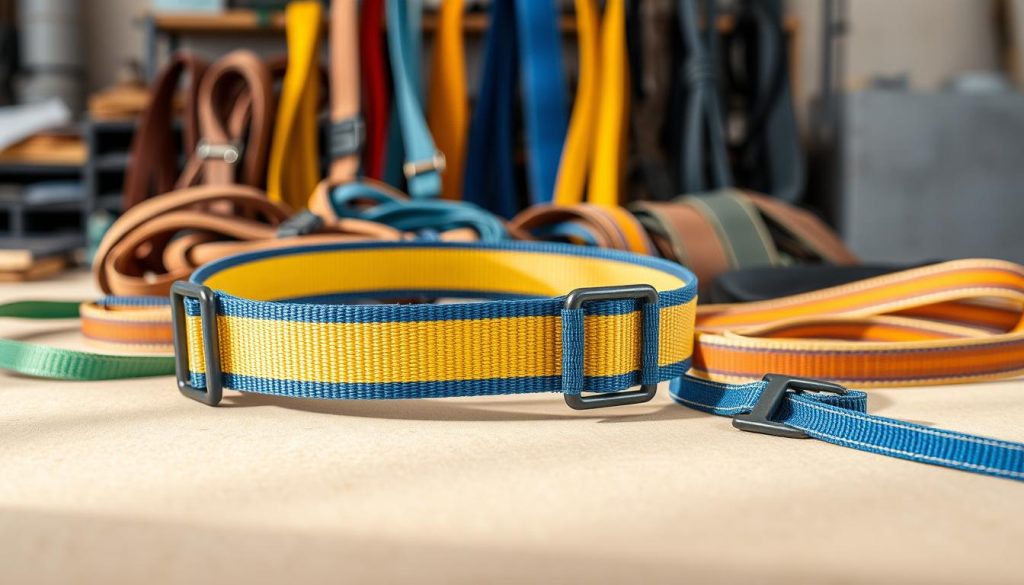 A high-definition photorealistic image of various webbing slings arranged artistically on a neutral background. In the foreground, feature a close-up of a bright blue and yellow sling belt showcasing its distinctive design and texture, with detailed stitching and robust buckles clearly visible. The middle area should display a broader assortment of slings in different sizes and colors, illustrating the diversity of designs. The background should be softly blurred, hinting at a workshop environment to create a sense of authenticity. Natural lighting filters in to accentuate the colors and materials, casting gentle shadows. The overall mood is professional and informative, suitable for a business article about sling belts. No people or text should be included.