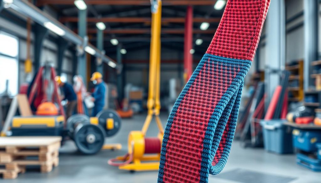 A high-definition, photorealistic image showcasing a detailed webbing sling, prominently displayed in the foreground. The sling should feature vibrant colors, showcasing its sturdy, woven texture, and a variety of lengths and thicknesses to represent different capacities for lifting. In the middle ground, include various lifting applications such as an industrial setting with machinery and weights, highlighting the practical use of the sling. The background can show a blurred workshop environment with tools and equipment, creating an authentic atmosphere. Use soft, natural lighting to emphasize the sling's details and textures, shot from a slight overhead angle to capture its full form and functionality, inspiring a sense of reliability and professionalism.