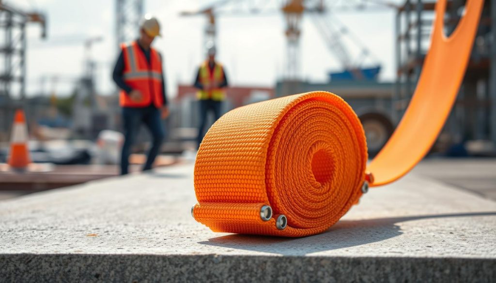A high-definition, photorealistic image showcasing a durable webbing sling designed for surface protection. In the foreground, focus on the vibrant, woven texture of the sling, with clear detailing of its seams and fittings. The middle ground features the sling positioned strategically over a concrete surface, demonstrating its application in industrial settings. In the background, depict a blurred construction site with workers in professional attire, ensuring the emphasis remains on the webbing sling. Use natural daylight to create a bright atmosphere, with soft shadows enhancing the colors and textures. Capture the image from a slightly elevated angle to provide depth, conveying a sense of reliability and safety in surface protection applications.