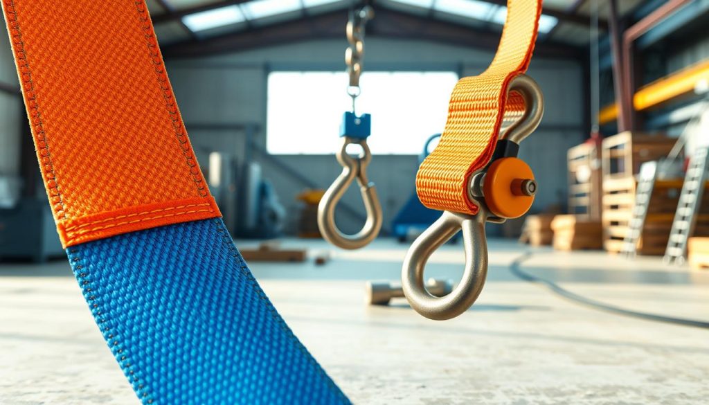 A high-definition, photorealistic image showcasing a webbing sling in a detailed technical setup. In the foreground, a close-up of the webbing sling belt, highlighting its material texture and stitching patterns, displaying vibrant colors such as bright blue or orange. In the middle ground, illustrate a sturdy metal hook and a load-testing device, emphasizing durability and safety features. The background should feature an industrial setting with a soft-focus to maintain the emphasis on the sling, illuminated by natural daylight streaming through a window, creating a bright, professional atmosphere. The overall mood should convey reliability and quality, suitable for showcasing product specifications in a technical article. No captions or text overlays present in the image.