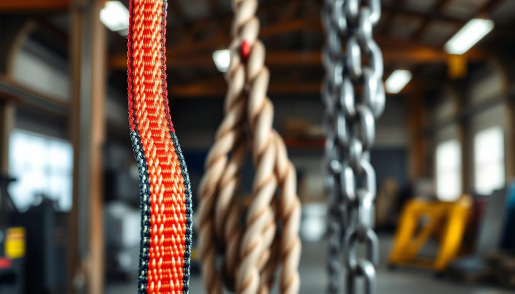 A high-definition, photorealistic image showcasing the advantages of webbing slings compared to wire ropes and chain slings. In the foreground, a vibrant, colorful webbing sling is prominently displayed, highlighting its unique texture and lightweight design, with a close-up that reveals its stitching and material quality. In the middle ground, show a comparison with a sturdy wire rope and a heavy chain sling, illustrating their bulky appearance and weight. The background features a workshop environment, with soft, natural lighting illuminating the scene, creating a professional and informative atmosphere. Use a slight upward angle to enhance the prominence of the webbing sling. The mood should convey innovation and reliability, ideal for an article discussing the advantages of webbing slings in lifting operations.