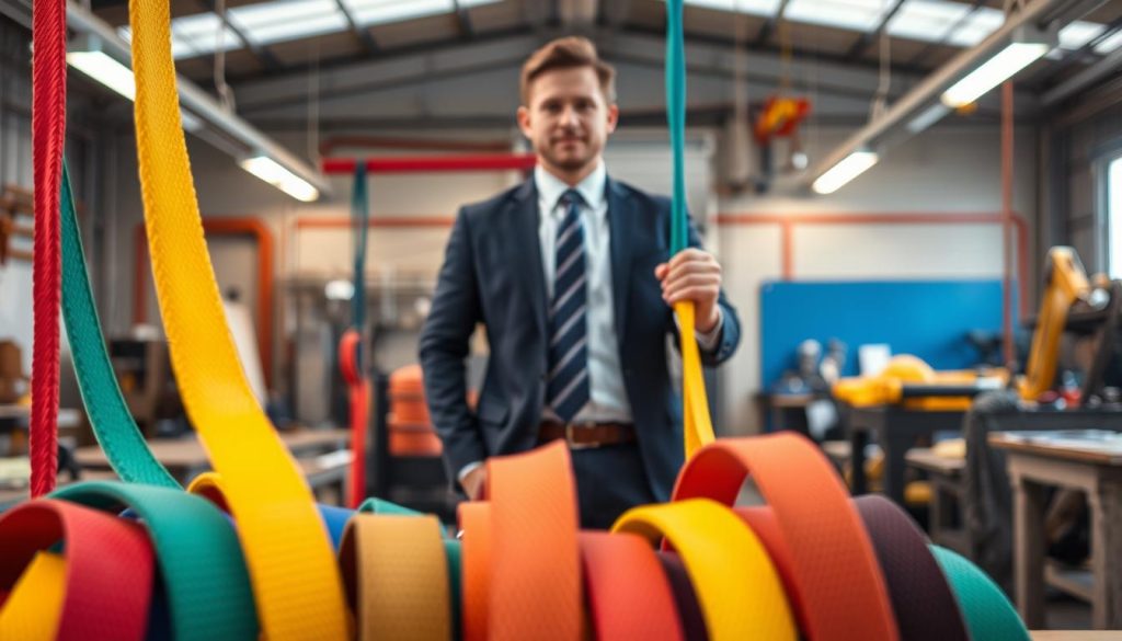 A high-definition, photorealistic image showcasing the advantages of webbing slings. In the foreground, a vibrant array of colorful webbing slings is displayed, showcasing various lengths and widths, with detailed texture capturing their material strength and flexibility. In the middle ground, a professional in business attire stands confidently holding one of the slings, demonstrating its robust quality. The background features a well-lit workshop setting, with tools and equipment emphasizing a sense of craftsmanship and reliability. Soft, natural lighting illuminates the scene, creating a warm and inviting atmosphere, while a slight focus blur on the background adds depth to the image. The overall mood reflects professionalism and trust in the product's quality and safety. A high-definition, photorealistic image showcasing the advantages of webbing slings. In the foreground, a vibrant array of colorful webbing slings is displayed, showcasing various lengths and widths, with detailed texture capturing their material strength and flexibility. In the middle ground, a professional in business attire stands confidently holding one of the slings, demonstrating its robust quality. The background features a well-lit workshop setting, with tools and equipment emphasizing a sense of craftsmanship and reliability. Soft, natural lighting illuminates the scene, creating a warm and inviting atmosphere, while a slight focus blur on the background adds depth to the image. The overall mood reflects professionalism and trust in the product's quality and safety.