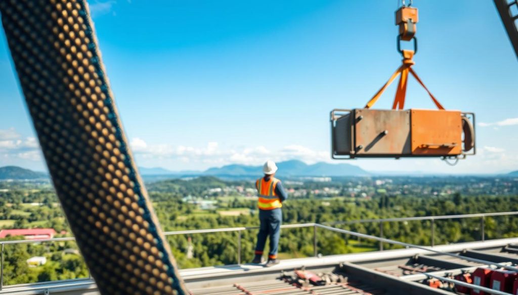 A high-definition, photorealistic image showcasing the application of webbing slings in the context of Manado and North Sulawesi. In the foreground, a sturdy webbing sling is prominently displayed, with its vibrant colors and textured fabric highlighted under soft natural lighting. In the middle ground, a professional worker, dressed in safety gear, is seen carefully securing heavy equipment using the sling, illustrating its practical use. The background features a scenic view of Manado's lush green landscape and distant mountainous terrain, accentuated by a clear blue sky. The mood conveys a sense of safety, reliability, and professionalism, reflecting the industrial importance of webbing slings in the region.