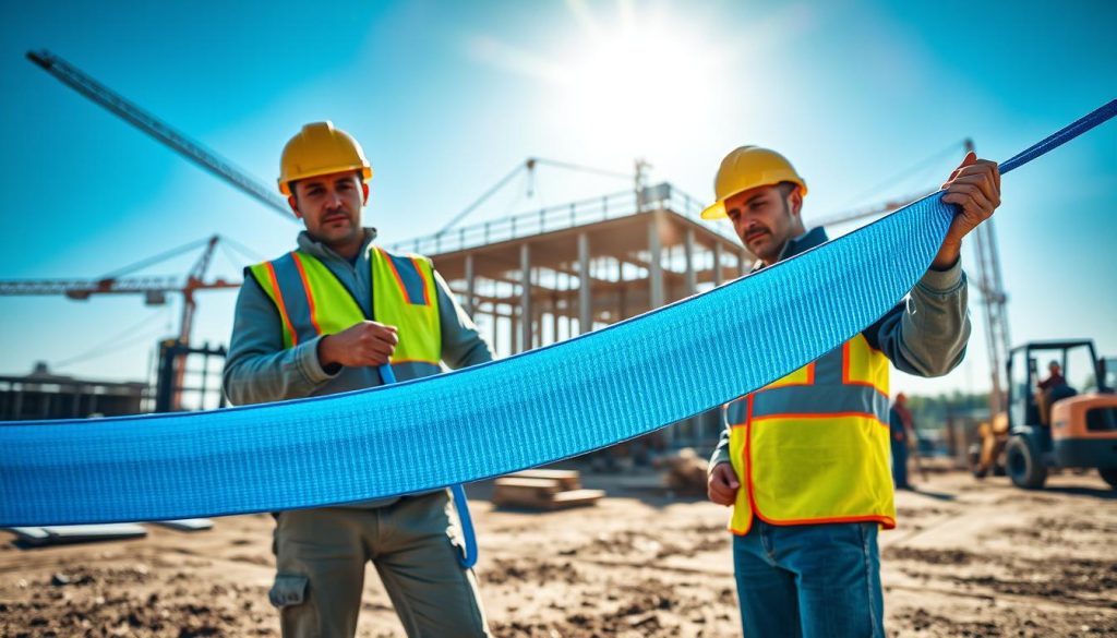 A high-definition, photorealistic image showcasing the proper use of webbing slings in various industrial applications. In the foreground, two professionals in safety gear, wearing helmets and reflective vests, are carefully handling a vibrant blue webbing sling. In the middle ground, a construction site is visible, with heavy machinery like cranes and forklifts in operation, demonstrating the sling's utility. The background features construction workers collaborating and equipment set against a clear blue sky illuminated by bright, natural sunlight, creating a hardworking atmosphere. The composition should showcase the webbing sling in action, highlighting its strength and versatility in an industrial environment. The focus is on safety and professionalism, capturing the essence of effective lifting techniques.