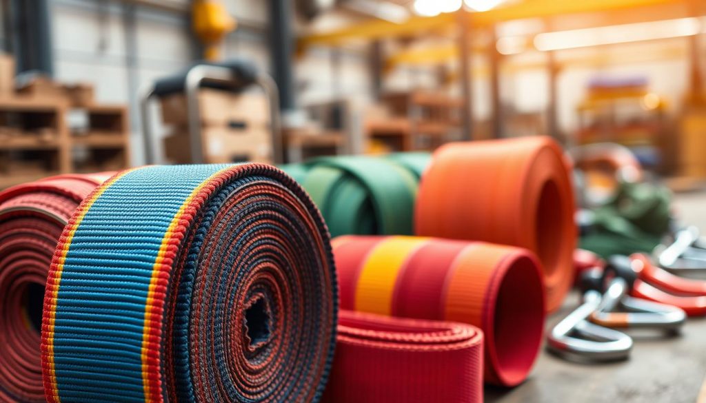 A high-definition, photorealistic image showcasing two types of webbing slings: flat webbing and tubular webbing, arranged in an organized display. In the foreground, feature a close-up view of a flat webbing sling in vibrant colors, displaying its weave and stitching details, next to a tubular webbing sling, emphasizing its rounded shape and texture. In the middle ground, include tools and equipment commonly used with webbing slings, like carabiners or hooks, to contextualize their use. The background should be softly blurred, hinting at a workshop or warehouse setting, with warm lighting illuminating the scene to create an inviting and professional atmosphere. Capture the essence of quality and reliability in these essential lifting tools.