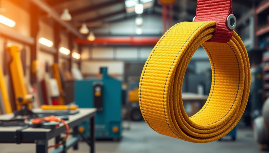 A high-quality, photorealistic image of a webbing sling spanset, prominently displayed in the foreground. The spanset is brightly colored, showcasing its durable woven material and sturdy stitching, with a focus on the connection points and load-bearing features. In the middle ground, a subtle industrial setting can be seen, hinting at construction or heavy lifting applications, with tools or equipment partially blurred to emphasize the sling. The background features a soft-focus view of a workshop, with warm ambient lighting illuminating the scene, creating a professional atmosphere. The angle of capture is slightly elevated, offering a clear view of the spanset while maintaining depth and context within the workspace. The overall mood conveys reliability and quality, perfect for highlighting technical specifications.