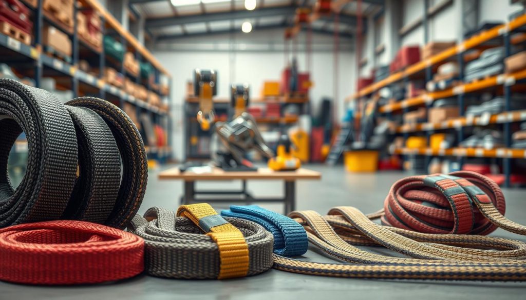 A highly detailed and photorealistic image of a variety of webbing slings displayed in a professional setting, showcasing their distinct capacities in tonnage. The foreground features several webbing slings of different colors and thicknesses, neatly arranged to highlight their robust construction and tensile strength. In the middle, a well-lit workspace includes tools and equipment for rigging, emphasizing a professional atmosphere. The background shows a blurred warehouse environment with shelves stocked with industrial equipment, enhancing the context of sales in Dumai. Soft, natural lighting illuminates the scene, creating a clear, inviting mood. The camera angle is slightly elevated, providing a comprehensive view of the slings, allowing the viewer to appreciate the detail and quality of each product.