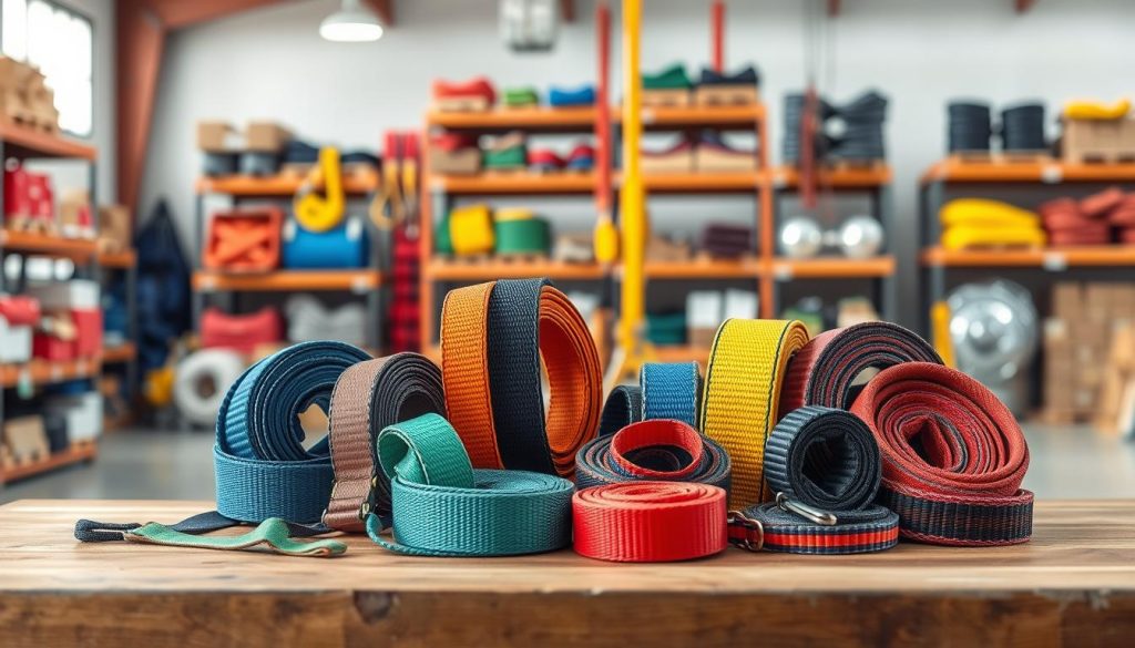 A highly detailed and photorealistic image of various webbing slings displayed in a well-lit industrial setting. In the foreground, showcase a selection of colorful slings of different sizes and load ratings, neatly arranged on a sturdy wooden table. The middle ground features a blurred warehouse backdrop with shelves stacked with additional webbing slings and rigging equipment, conveying a sense of availability and variety. Use soft, natural lighting to highlight the textures and colors of the slings, and employ a slightly angled perspective for depth. The atmosphere should convey professionalism and reliability, embodying the essence of quality equipment available for lifting and securing heavy loads. A highly detailed and photorealistic image of various webbing slings displayed in a well-lit industrial setting. In the foreground, showcase a selection of colorful slings of different sizes and load ratings, neatly arranged on a sturdy wooden table. The middle ground features a blurred warehouse backdrop with shelves stacked with additional webbing slings and rigging equipment, conveying a sense of availability and variety. Use soft, natural lighting to highlight the textures and colors of the slings, and employ a slightly angled perspective for depth. The atmosphere should convey professionalism and reliability, embodying the essence of quality equipment available for lifting and securing heavy loads.
