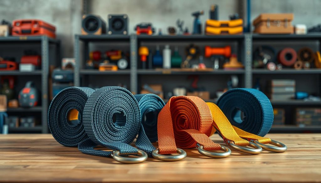 A highly detailed, photorealistic image depicting a variety of webbing slings in different colors and lengths, prominently displayed in a professional setting. In the foreground, several slings of various capacities (from 1 ton to 10 tons) are neatly arranged on a wooden surface, showcasing their texture and strength. The middle layer features a blurred industrial backdrop, with shelves holding more equipment and tools typical of a hardware store. Soft, natural lighting illuminates the scene from the left, creating subtle shadows that enhance the depth of the image. The mood is professional and informative, suitable for an article on webbing slings, emphasizing quality and reliability. No text or watermarks are present.