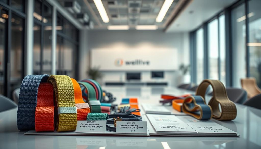 A photorealistic catalog of webbing slings displayed prominently on a clean, modern table. In the foreground, several different types of colorful webbing slings are arranged neatly, showcasing their varying sizes and designs. The middle ground features blurred but visible labels indicating the product names and competitive prices. In the background, a sleek, contemporary office setting with soft lighting enhances the professional atmosphere. The overall mood is business-oriented and inviting, suggesting quality and reliability. A subtle lens flare from an overhead light adds warmth to the scene, while the shot is taken at a slight angle to emphasize the products’ textures and colors, ensuring clarity and definition in high definition.
