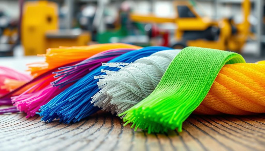 A photorealistic depiction of various synthetic fibers, including polyester, nylon, polypropylene, and Kevlar, elegantly arranged on a textured wooden surface. In the foreground, brightly colored strands of each type of fiber are displayed in an overlapping manner, showcasing their distinct textures and finishes. The middle layer features a close-up shot of the fibers, reflecting light to highlight their sheen and materials. In the background, softly blurred industrial tools and equipment subtly suggest a manufacturing environment, creating a professional atmosphere. The lighting is bright yet soft, emphasizing the vibrant colors of the fibers, while a shallow depth of field draws focus to the intricate details of the fibers. The overall mood is informative and technical, perfect for illustrating high-quality materials used in webbing slings. A photorealistic depiction of various synthetic fibers, including polyester, nylon, polypropylene, and Kevlar, elegantly arranged on a textured wooden surface. In the foreground, brightly colored strands of each type of fiber are displayed in an overlapping manner, showcasing their distinct textures and finishes. The middle layer features a close-up shot of the fibers, reflecting light to highlight their sheen and materials. In the background, softly blurred industrial tools and equipment subtly suggest a manufacturing environment, creating a professional atmosphere. The lighting is bright yet soft, emphasizing the vibrant colors of the fibers, while a shallow depth of field draws focus to the intricate details of the fibers. The overall mood is informative and technical, perfect for illustrating high-quality materials used in webbing slings.