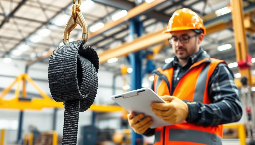 A photorealistic illustration of a webbing sling safety usage guide. In the foreground, focus on a high-quality webbing sling being securely attached to a lifting hook, demonstrating proper technique. The middle ground features a professional, well-dressed individual, wearing a hard hat and safety gloves, carefully inspecting the sling with a clipboard in hand. The background shows an industrial setting, with a bright, well-lit warehouse and lifting equipment like cranes and pulleys, emphasizing a safe working environment. The lighting is bright and evenly distributed, creating a clear, detailed image with vibrant colors. The atmosphere is informative and focused, conveying a sense of diligence and safety compliance in lifting operations.