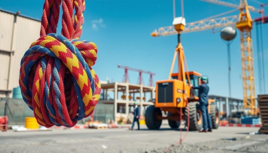 A photorealistic image depicting a web sling application in an industrial setting. In the foreground, focus on a vibrant, sturdy web sling with bright colors and detailed textures, showcasing its woven structure. In the middle ground, illustrate a construction environment where it is actively used to lift heavy machinery, presenting a clear comparison with a wire rope sling hanging nearby. The background features a busy construction site under clear blue skies, with workers in professional business attire safely operating the equipment. The lighting is bright and natural, enhancing the scene's realism, captured from a slightly elevated angle to provide depth and context. The overall mood is industrious and efficient, reflecting a professional atmosphere.