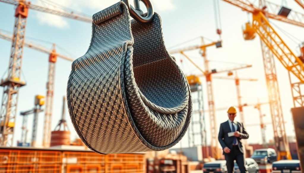 A photorealistic image depicting a web sling in an industrial setting, showcasing its application in various fields. In the foreground, focus on a durable web sling with intricate weaving and high-tensile strength, suspended from a heavy machinery hook. In the middle ground, illustrate workers in professional business attire, demonstrating the sling's use in lifting heavy loads, with expressions of concentration and teamwork. The background features a bustling construction site filled with cranes, scaffolding, and equipment, enhancing the industrial atmosphere. The lighting is bright and natural, emphasizing the materials and textures of the sling and the environment. Aim for a clear, dynamic angle to convey motion and purpose, creating an atmosphere of productivity and efficiency.