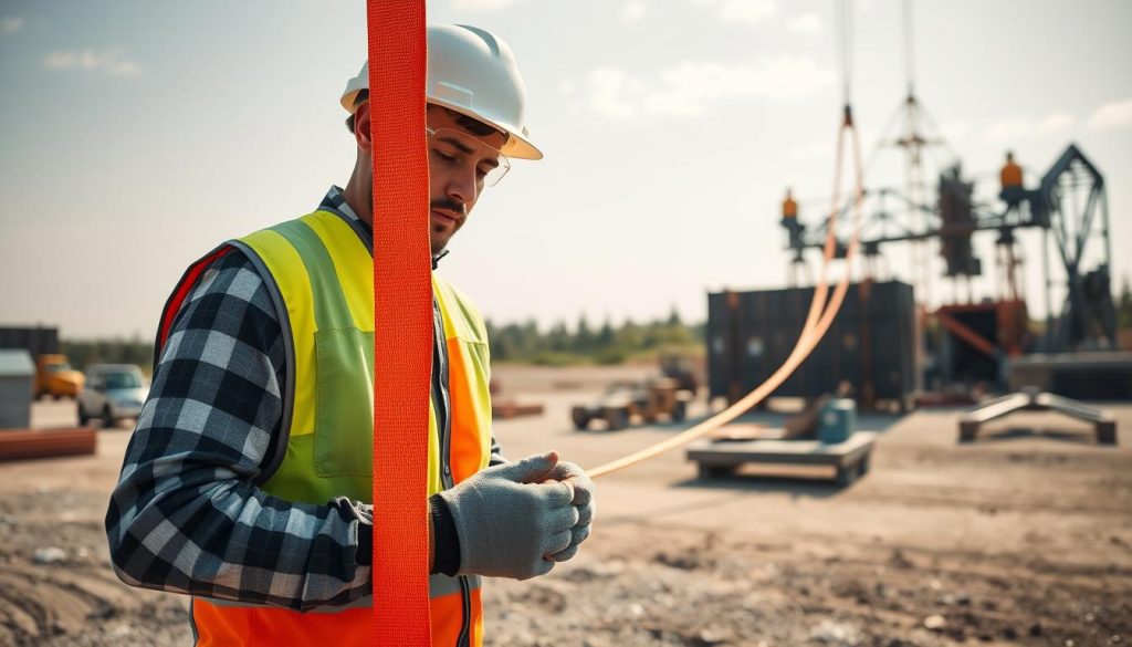 A photorealistic image depicting the safe usage of a webbing sling in an outdoor setting. In the foreground, a professional wearing safety gear, including a helmet and gloves, is carefully securing a heavy load with a brightly colored webbing sling, demonstrating proper technique. The middle ground showcases a construction site with equipment and materials positioned around, highlighting the importance of safety in heavy lifting. The background features a clear sky and distant trees, creating an open and safe atmosphere. Soft, natural lighting enhances the scene, while a slightly angled shot captures both the action and the environment effectively, emphasizing safety and professionalism in the use of webbing slings.