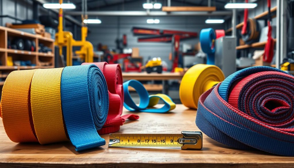 A photorealistic image depicting various webbing slings with differing load capacities, arranged neatly on a wooden display table. The foreground showcases the slings in vibrant colors, highlighting their robust texture and clearly labeled weight capacities ranging from light to heavy loads. In the middle ground, a few slings are draped casually, demonstrating their flexibility, while a measuring tape lies nearby for context. The background features a well-lit workshop with tools and equipment, enhancing the industrial theme. Soft, diffused lighting illuminates the scene, casting gentle shadows that add depth. The overall mood conveys professionalism and reliability, ideal for businesses in heavy lifting applications. High-definition resolution to emphasize details such as stitching and material quality.