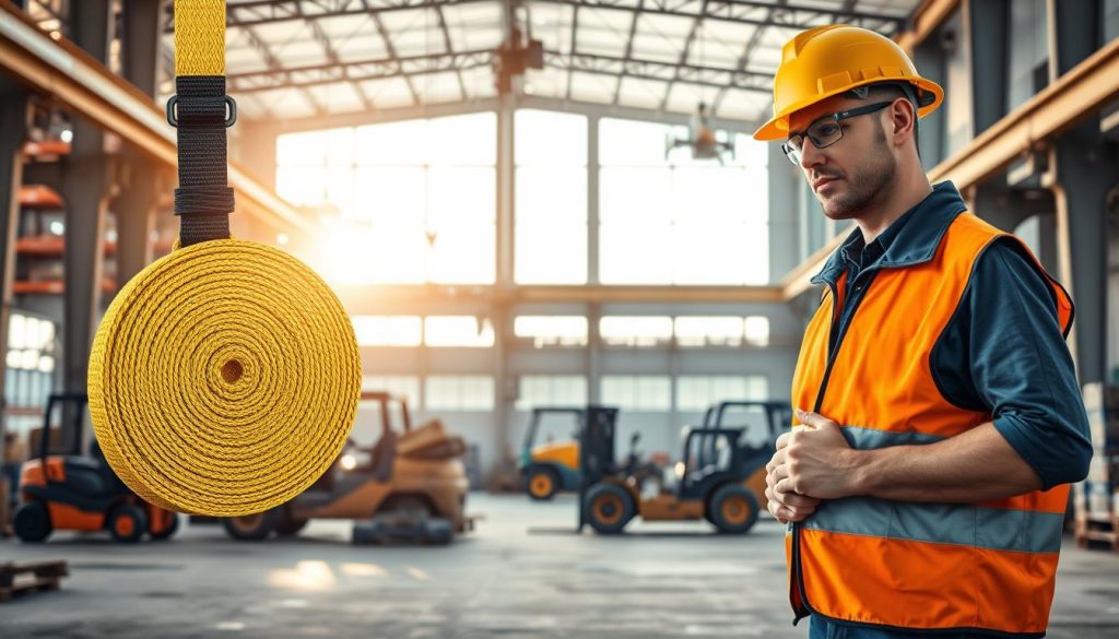A photorealistic image displaying a webbing sling in an industrial setting, designed to highlight its applications. The foreground features a robust webbing sling, neatly coiled and securely held by a professional worker in a hard hat and safety vest, showcasing its durability for heavy lifting tasks. In the middle ground, various industrial machinery, such as cranes and forklifts, are engaged in lifting and moving materials, emphasizing the sling's practical uses. The background includes a well-lit warehouse environment, with late afternoon sunlight streaming through large windows, casting soft shadows. The overall atmosphere is industrious and functional, presenting the webbing sling as an essential tool in industrial applications, focusing on safety and efficiency.