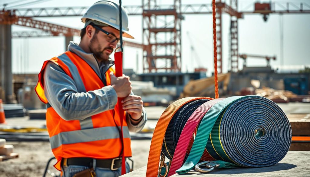 A photorealistic image illustrating the concept of safety while using a webbing sling in a construction environment. In the foreground, a professional worker, dressed in a high-visibility safety vest and helmet, demonstrates the proper use of a webbing sling on a construction site. The worker is carefully inspecting the sling’s hooks and attachment points, emphasizing safety compliance. In the middle ground, various webbing slings of different colors and sizes are neatly coiled, showcasing their design and strength. The background features a construction site with machinery and materials, under bright natural lighting, creating a clear, open atmosphere. The angle captures the worker in action, emphasizing a focus on safety protocols, with soft shadows enhancing the three-dimensional effect of the scene.