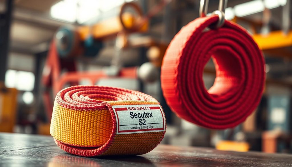 A photorealistic image of a high-quality webbing sling, prominently displayed in the foreground, showcasing its vibrant colors and sturdy, textured fabric. The sling should be neatly coiled and anchored to a steel hook to convey its utility. In the middle ground, feature a close-up of the sling's strong stitching and a printed label that identifies it as Secutex S2. The background should be a soft-focus industrial setting with blurred lifting equipment and a warm, diffused daylight streaming in, creating a professional and functional atmosphere. The lighting should emphasize the material's durability, with shadows that enhance the depth. No text, logos, or watermarks should be present.