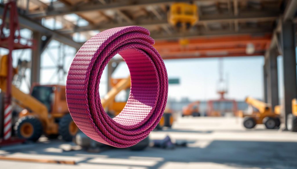 A photorealistic image of a robust webbing sling, specifically the Spanset Secutex S2 model, displayed prominently in the foreground, glistening under bright, soft daylight. The sling's vibrant colors and intricate stitching patterns should be highlighted, emphasizing its high strength and durability. In the middle ground, include a subtle blurred background with various heavy-duty lifting equipment, suggesting its industrial use. The setting is an outdoor construction site, enhancing the product's application context. The mood conveys professionalism and reliability, appealing to potential buyers. Ensure the image is of high definition with no captions or overlays, capturing the essence of strength and quality in lifting solutions.