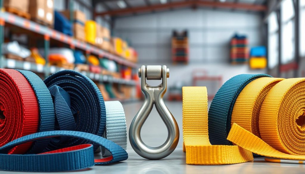 A photorealistic image of a variety of webbing slings arranged neatly on a clean, industrial backdrop. In the foreground, showcase different colored webbing slings with various widths and lengths, highlighting their textures and strong stitching. In the middle, include a sturdy, reinforced hook that is typically used with slings, focusing on its metallic sheen and rugged durability. The background should feature a blurred warehouse setting with shelves stacked with additional lifting equipment, maintaining a professional and organized look. The lighting should be bright but soft, illuminating the webbing slings prominently while casting gentle shadows to enhance depth. Aim for a clear, sharp focus that conveys quality and reliability, evoking a sense of professionalism and safety.