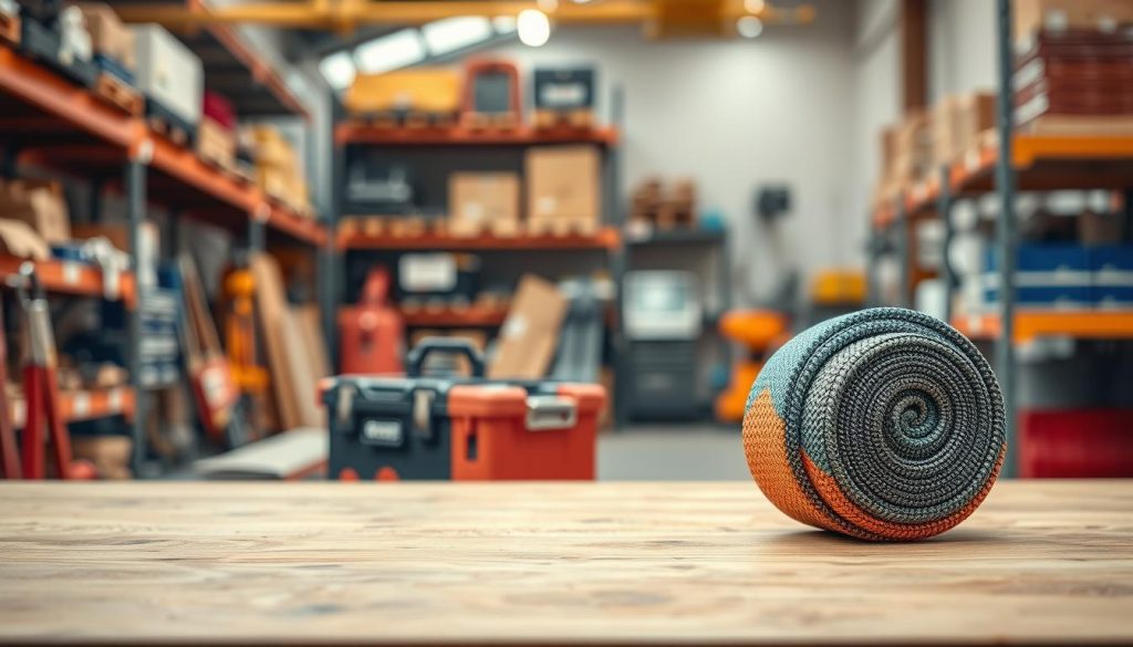 A photorealistic image of a webbing sling Secutex S2 positioned prominently in the foreground, showcasing its intricate weaving pattern and vibrant colors. The sling should be displayed on a wooden workbench, highlighting its industrial use. In the middle ground, include a blurred toolbox and safety equipment, adding to the context of the workspace environment. The background features a softly lit warehouse setting, with shelves holding various lifting tools and accessories, enhancing the utilitarian atmosphere. Use soft, natural lighting to emphasize the textures of the sling and create a professional, inviting mood. Capture the image from a slightly elevated angle, ensuring a clear view of the Secutex S2 while framing it harmoniously within the scene.