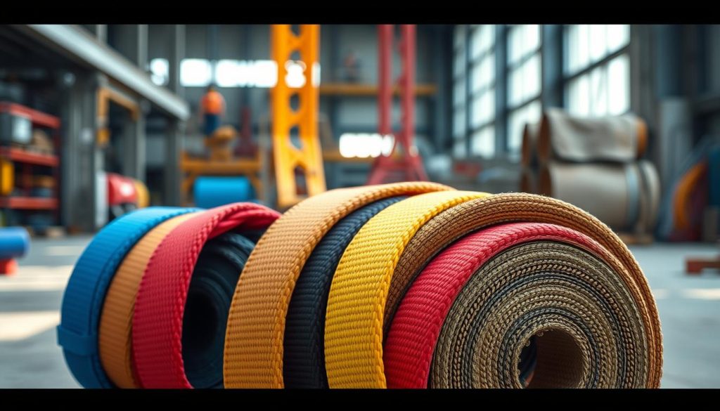 A photorealistic image of a webbing sling, detailed in bright nylon, sturdy polyester, and robust polypropylene materials. The foreground features the sling prominently, showcasing its texture and weave, with close-up views highlighting the strength and durability of the materials. In the middle ground, additional slings of varied colors and lengths are artistically arranged to create a dynamic display. The background consists of a soft-focus industrial setting, hinting at a construction or rigging environment, with natural light streaming in to accentuate the materials’ gloss and weave patterns. The atmosphere is professional and informative, ideal for illustrating the practical uses of webbing slings in various applications. The composition is balanced to draw attention to the slings without distractions.
