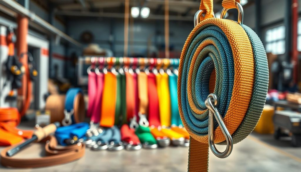 A photorealistic image of a webbing sling displayed prominently in the foreground, showcasing its vibrant colors and textured fabric. The sling is partially coiled, highlighting its strength and flexibility, with metal hooks attached on both ends, gleaming under natural light. In the middle ground, a variety of webbing slings of different sizes and colors are arranged neatly, demonstrating a diverse selection. The background features a workshop setting with soft focus on tools and equipment, creating an industrial yet professional atmosphere. The lighting is bright and natural, accentuating the textures and colors of the slings, conveying a sense of reliability and quality. The overall mood is informative and engaging, inviting viewers to explore the options available.